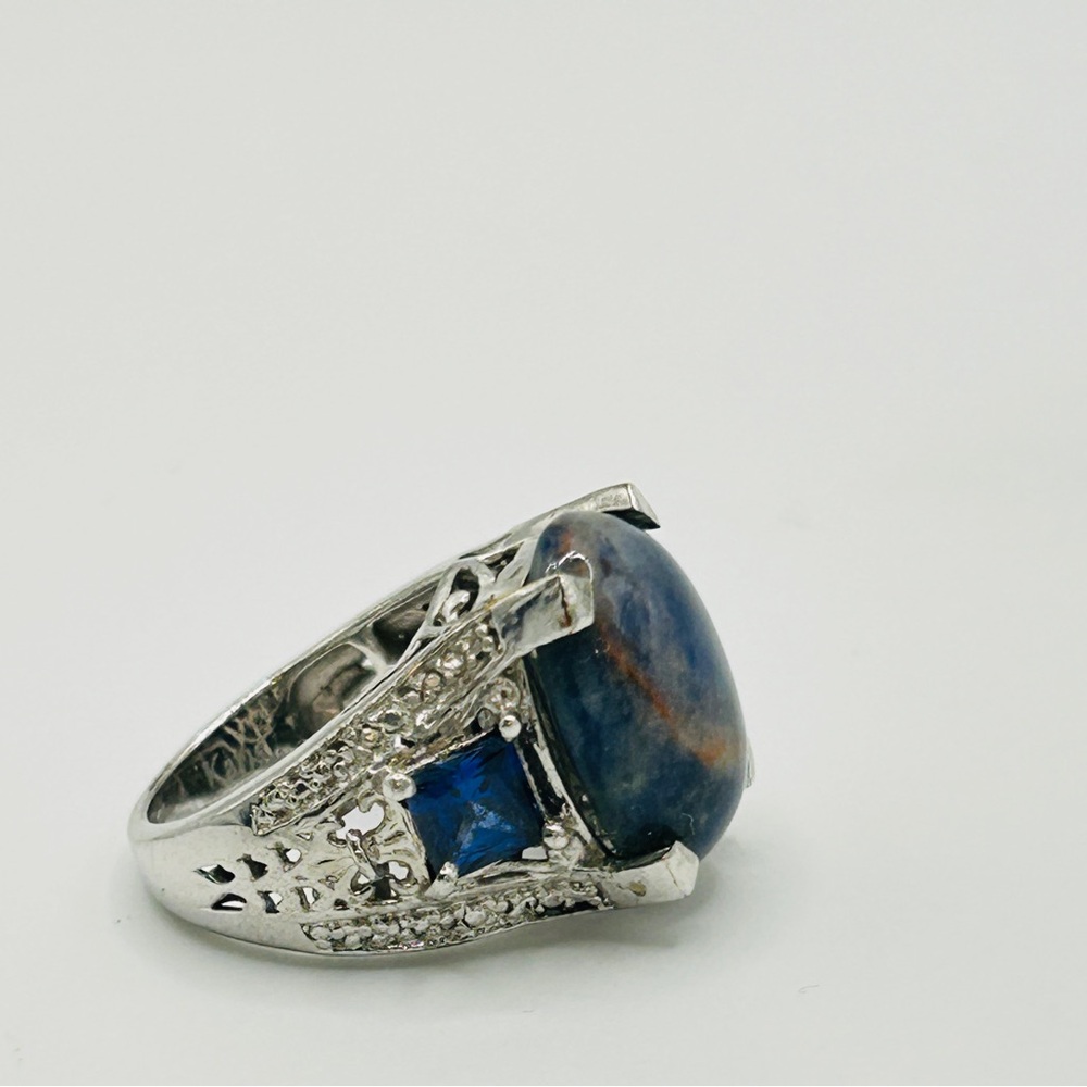 Sodalite and Simulated Sapphire Ring; Size 6; Stainless Steel - Picture 4 of 9